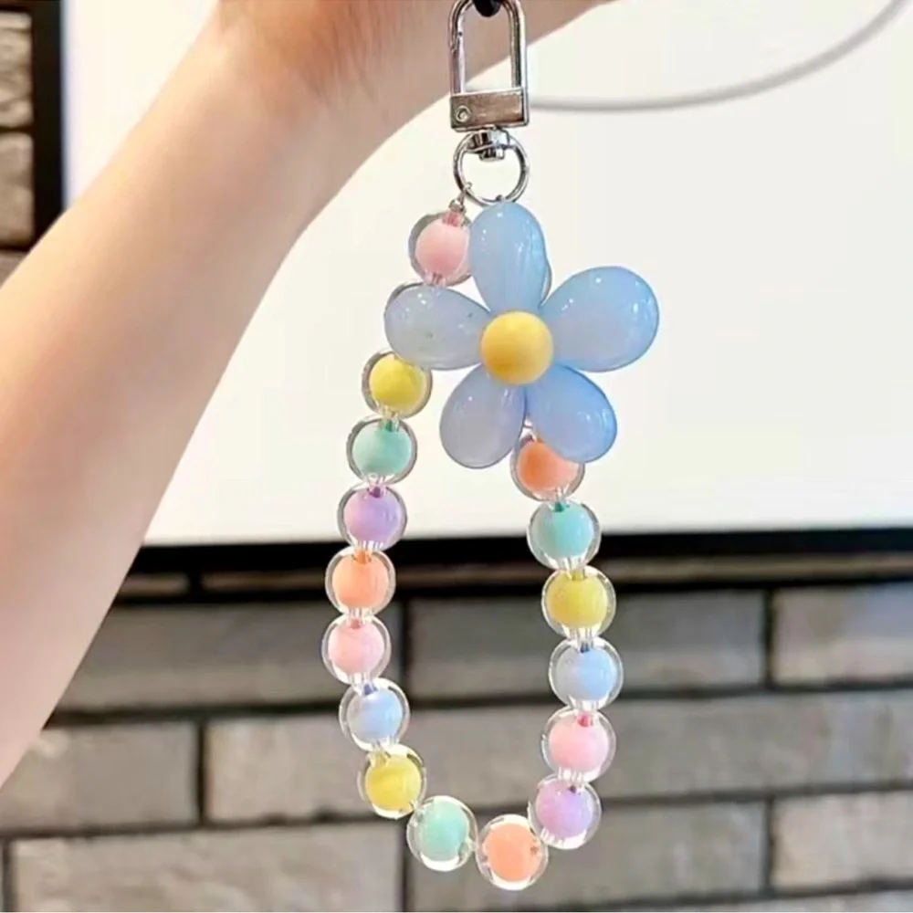 Colorful Pastel Beaded Flower Wrist Phone Lanyard Bracelet Keychain NWT